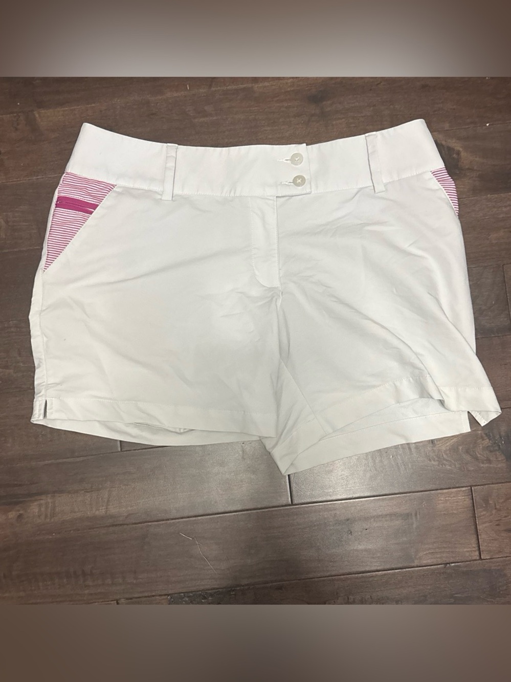 Women's White Shorts with Pink Stripe Pocket Trim